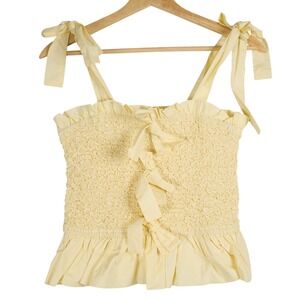 Mable Yellow Smocked Tie Shoulder Peplum Cami Top Size Small Cotton MT1242